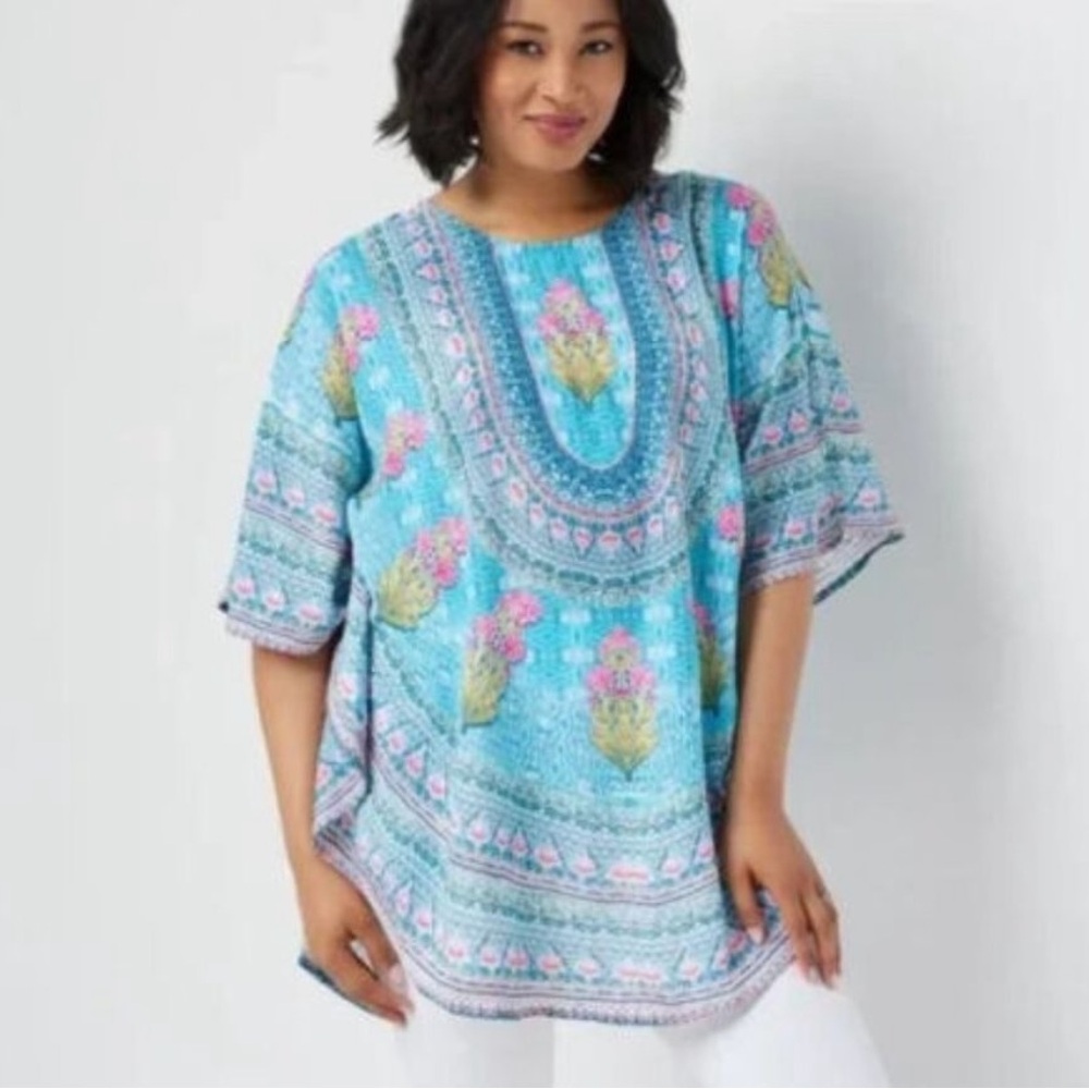 Tolani Narissa Boho Caftan Tunic Top Aqua Blue Pink Floral Size 1X.